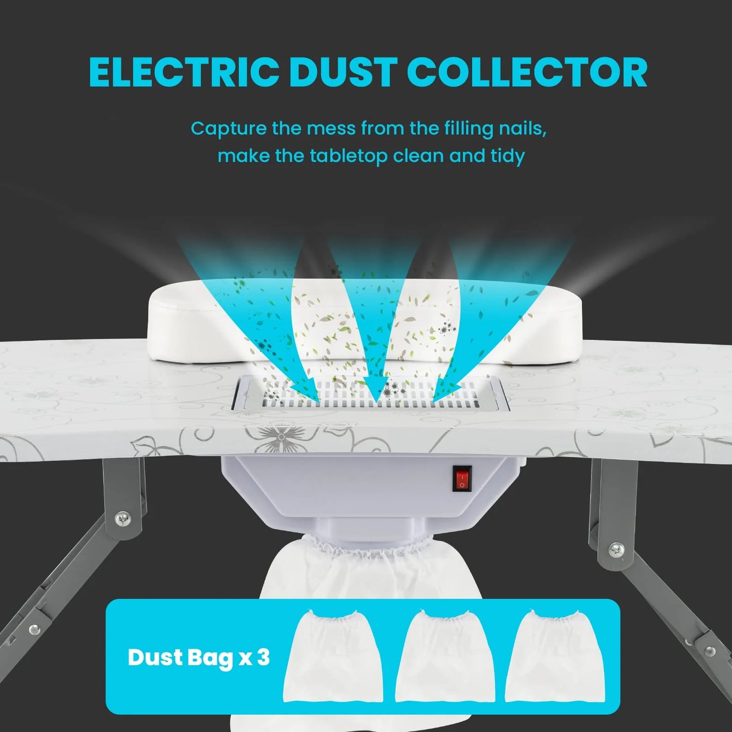 LDAILY Portable Nail Table with Electric Dust Collector