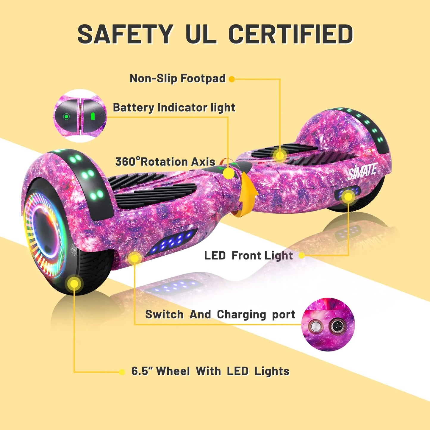 SIMATE 6.5" Hoverboard with Bluetooth & LED Lights