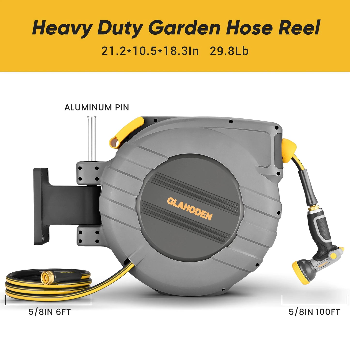 GLAHODEN Retractable Garden Hose Reel 5/8 in x 100 ft