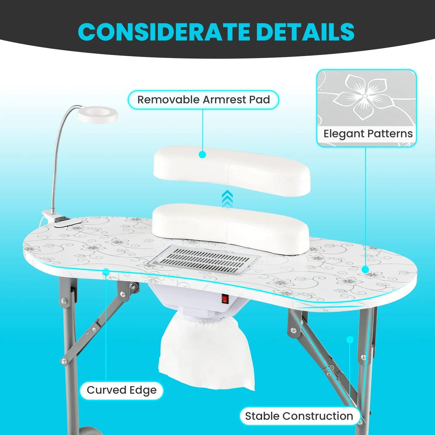 LDAILY Portable Nail Table with Electric Dust Collector