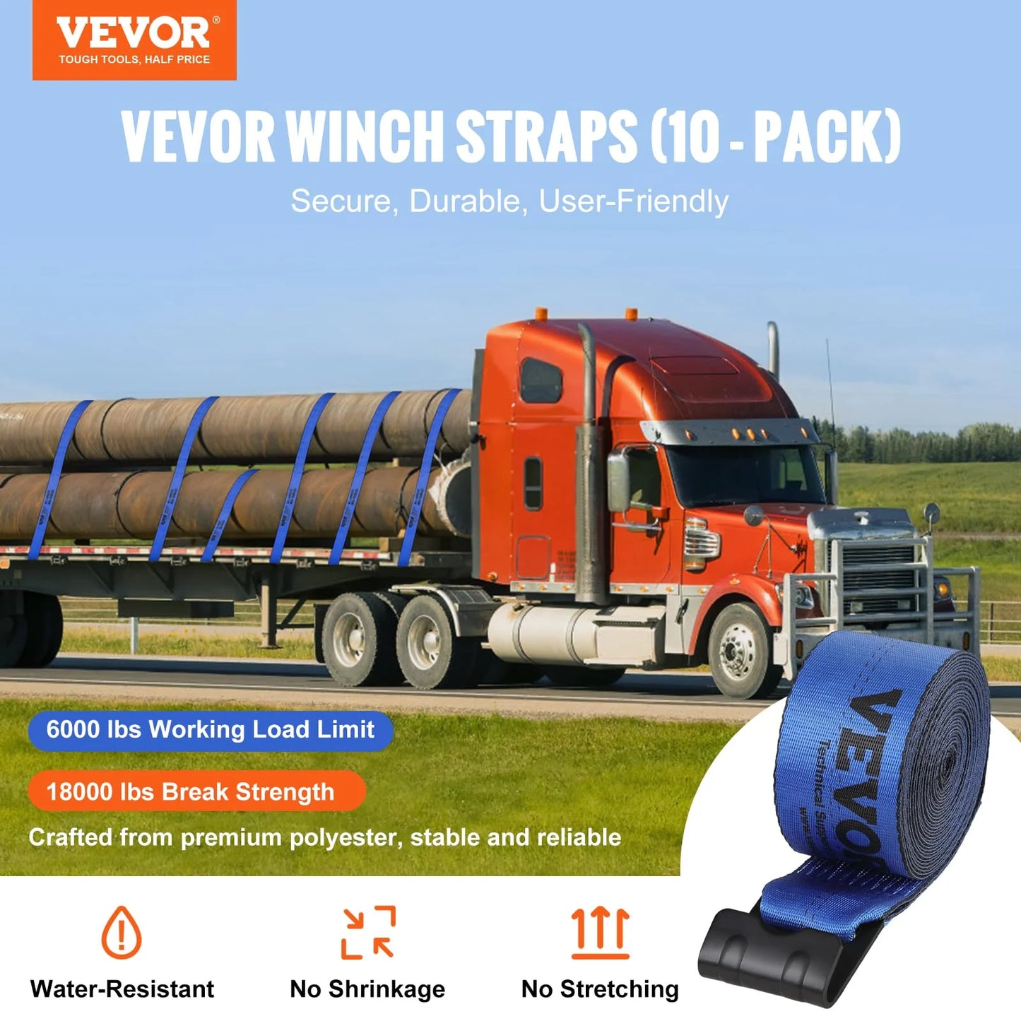 VEVOR 10 Pack 4" x30' Heavy Duty Truck Straps for Flatbeds, Trucks, Trailers