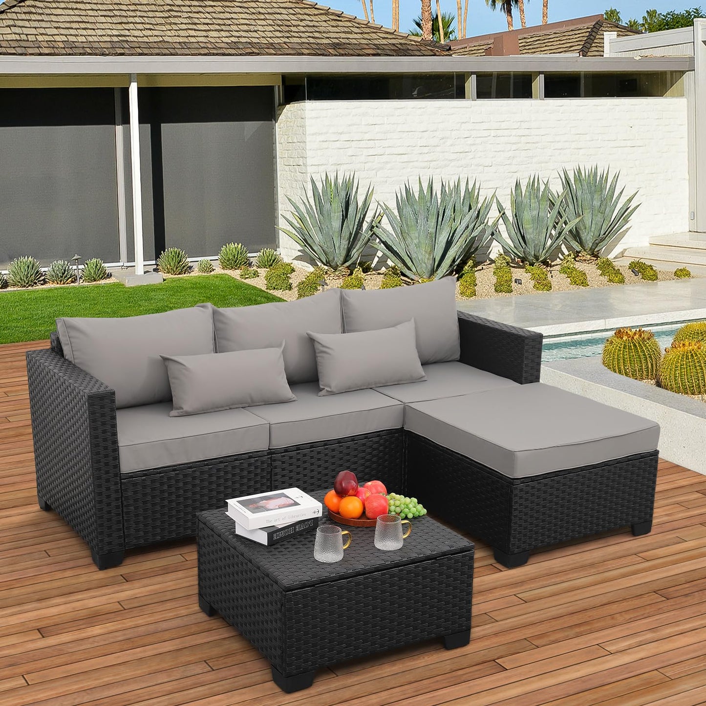 Rattaner 3 Pieces Patio Furniture Set with Ottoman and Outdoor Storage Table