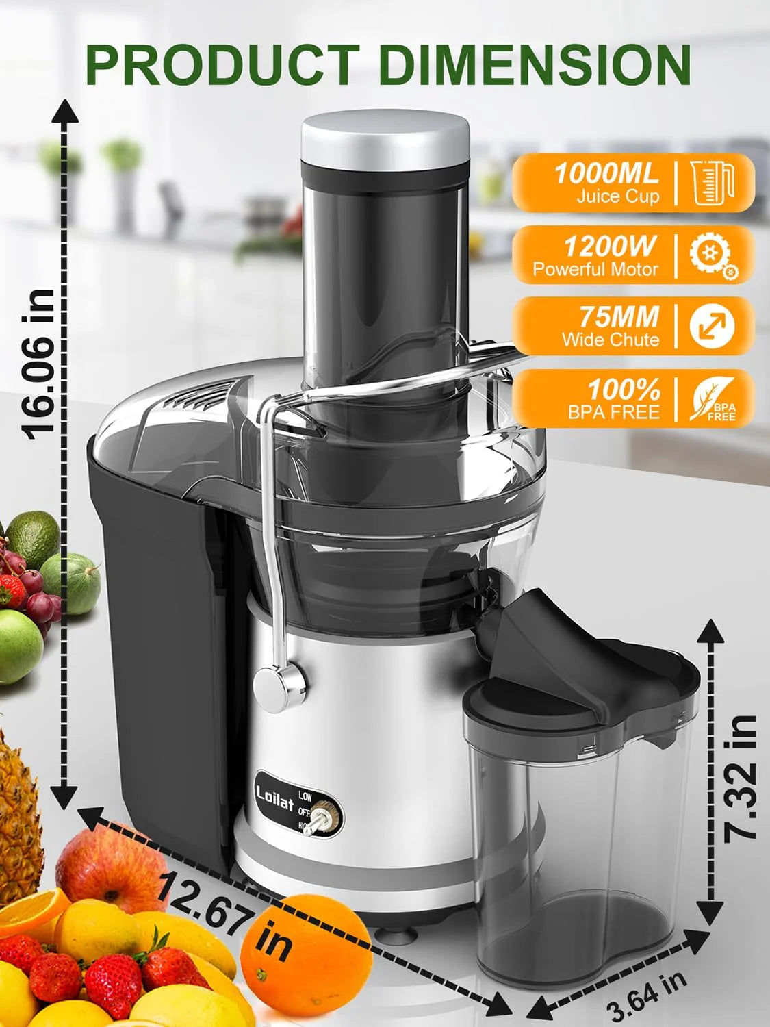 Loilat 1200W Juicer Machine with 3" Feed Chute