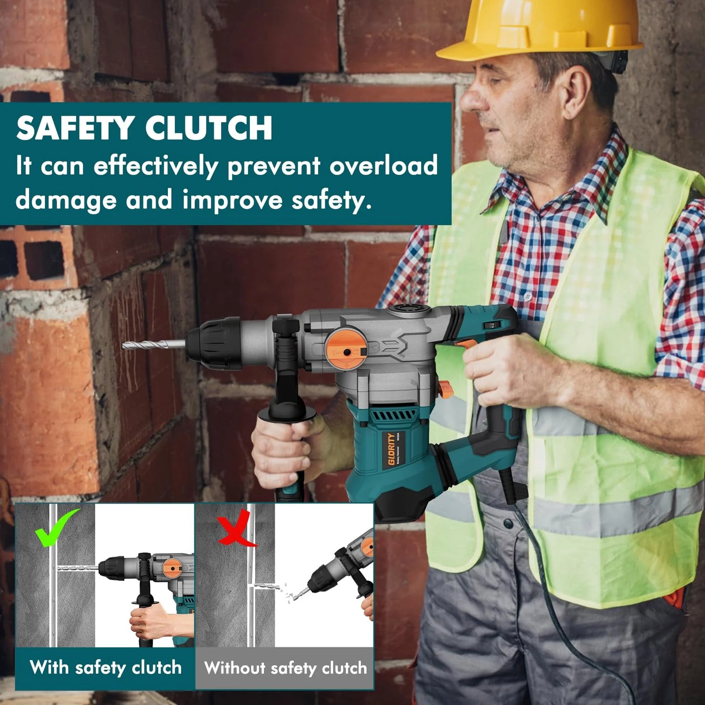 GLORITY 1-1/4 Inch SDS-Plus 13 Amp Heavy Duty Rotary Hammer Drill