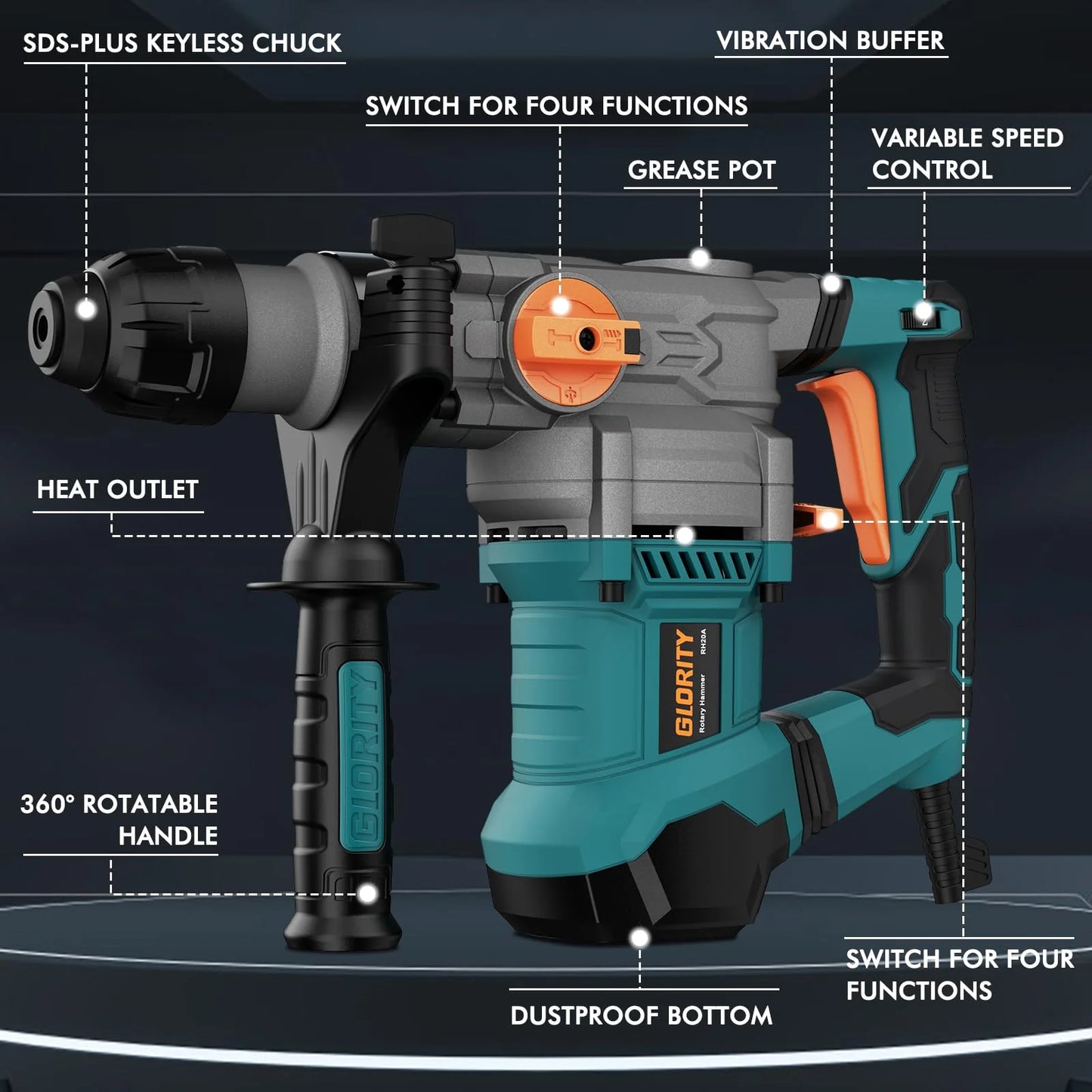 GLORITY 1-1/4 Inch SDS-Plus 13 Amp Heavy Duty Rotary Hammer Drill