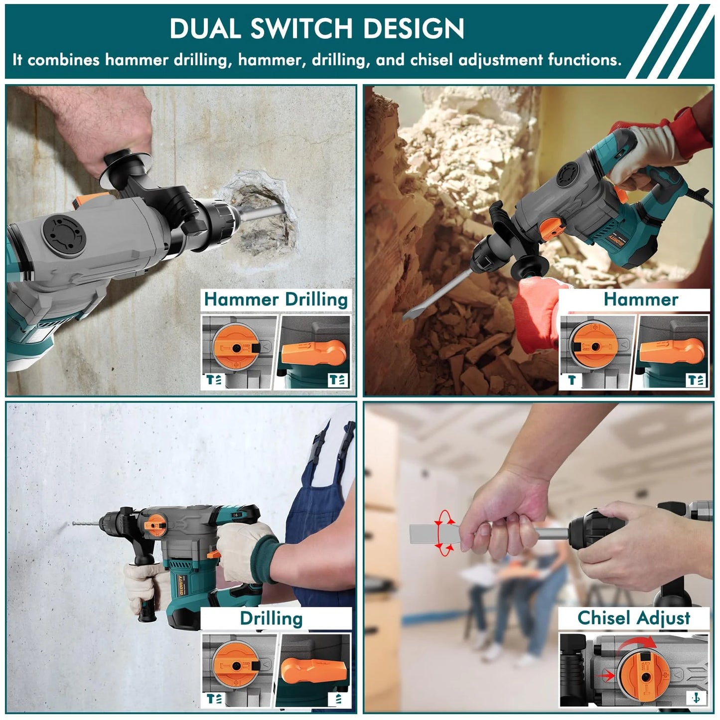 GLORITY 1-1/4 Inch SDS-Plus 13 Amp Heavy Duty Rotary Hammer Drill