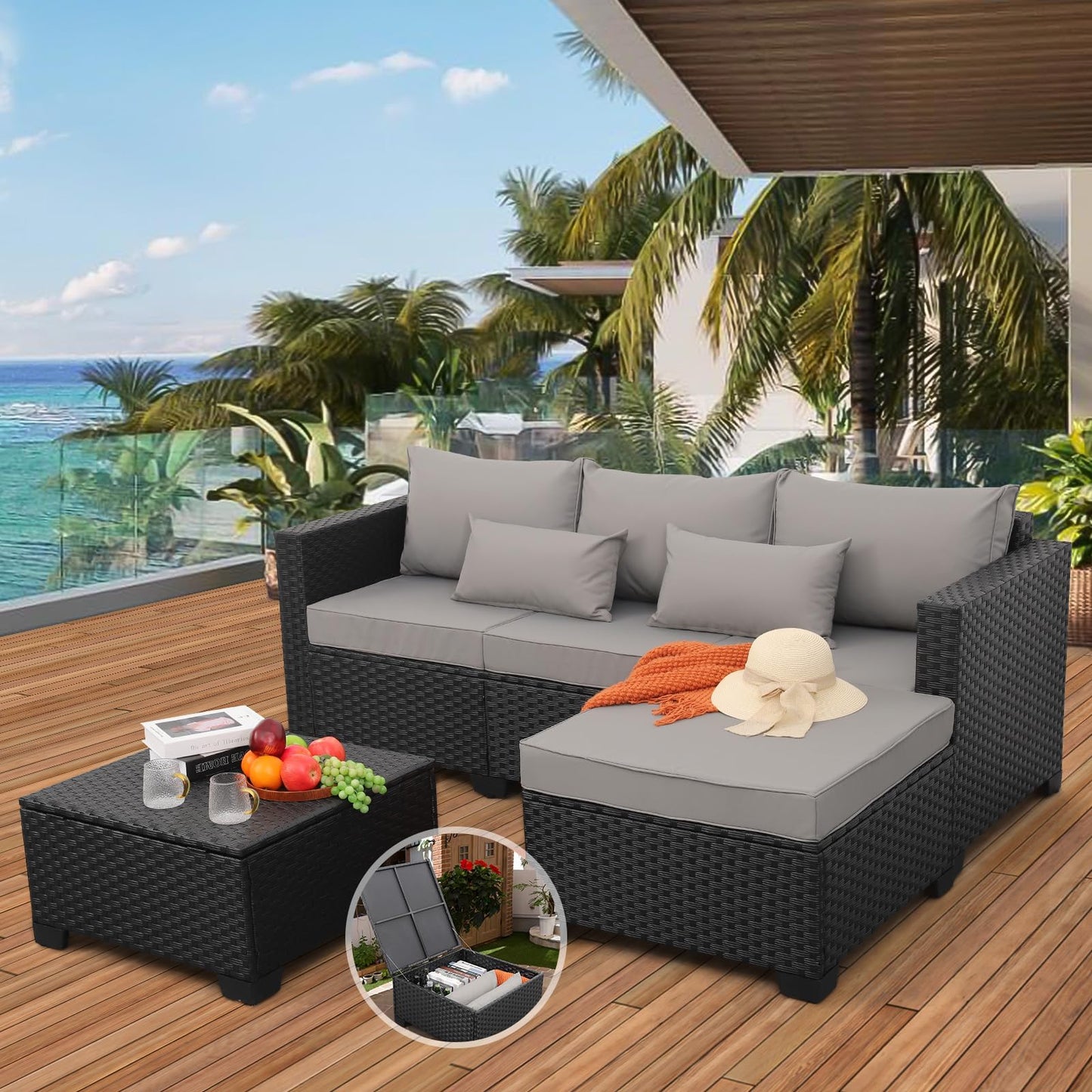 Rattaner 3 Pieces Patio Furniture Set with Ottoman and Outdoor Storage Table