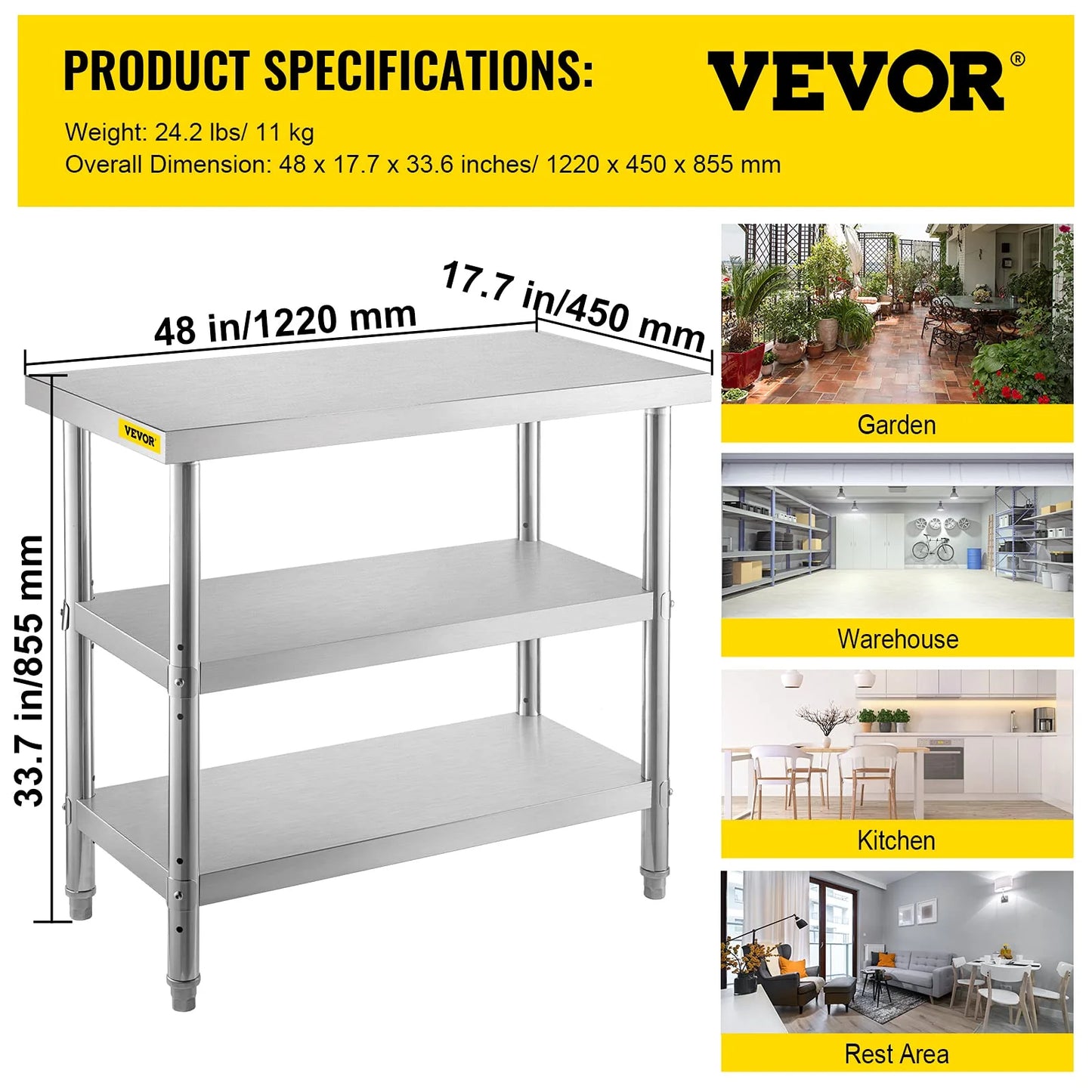 VEVOR 48x18x33 in Commercial Stainless Steel Table