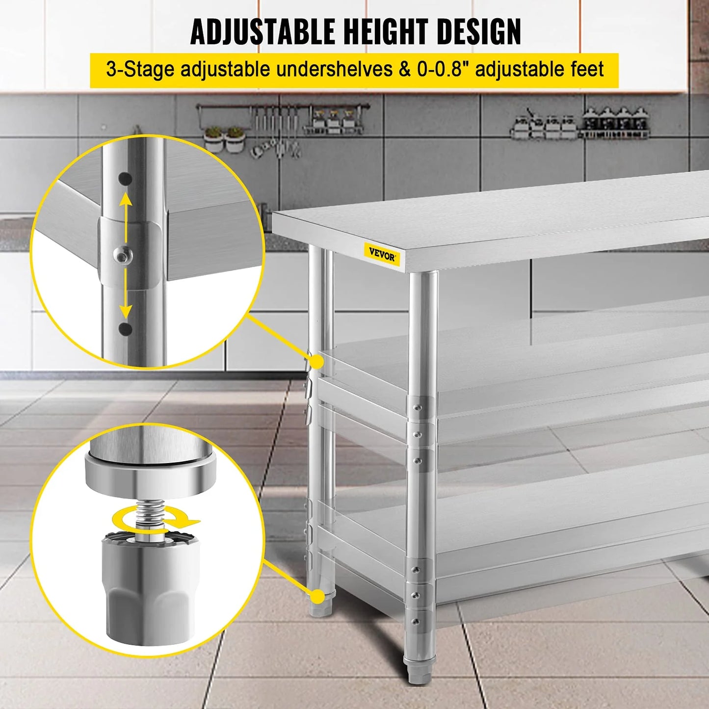 VEVOR 48x18x33 in Commercial Stainless Steel Table